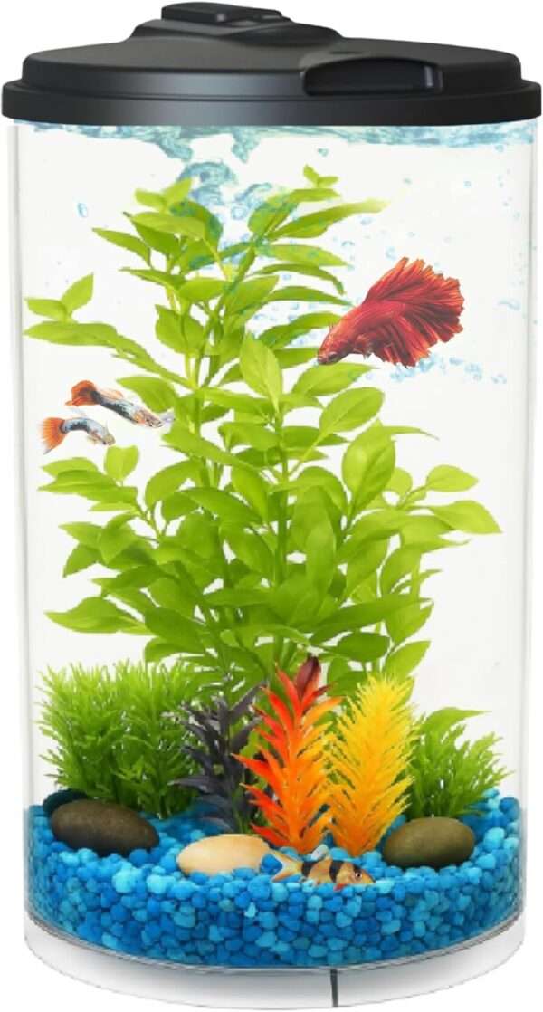 Acuario redondo o cilíndrico de 10 galones (29x50 cm). Construcción de plástico resistente a impactos con luz LED programable de 7 colores y filtro de potencia interno de 45 GPH.