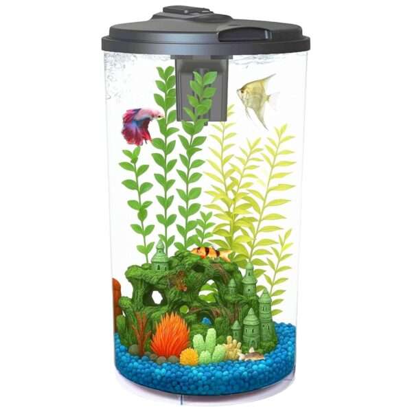 Acuario redondo o cilíndrico de 10 galones (29x50 cm). Construcción de plástico resistente a impactos con luz LED programable de 7 colores y filtro de potencia interno de 45 GPH.