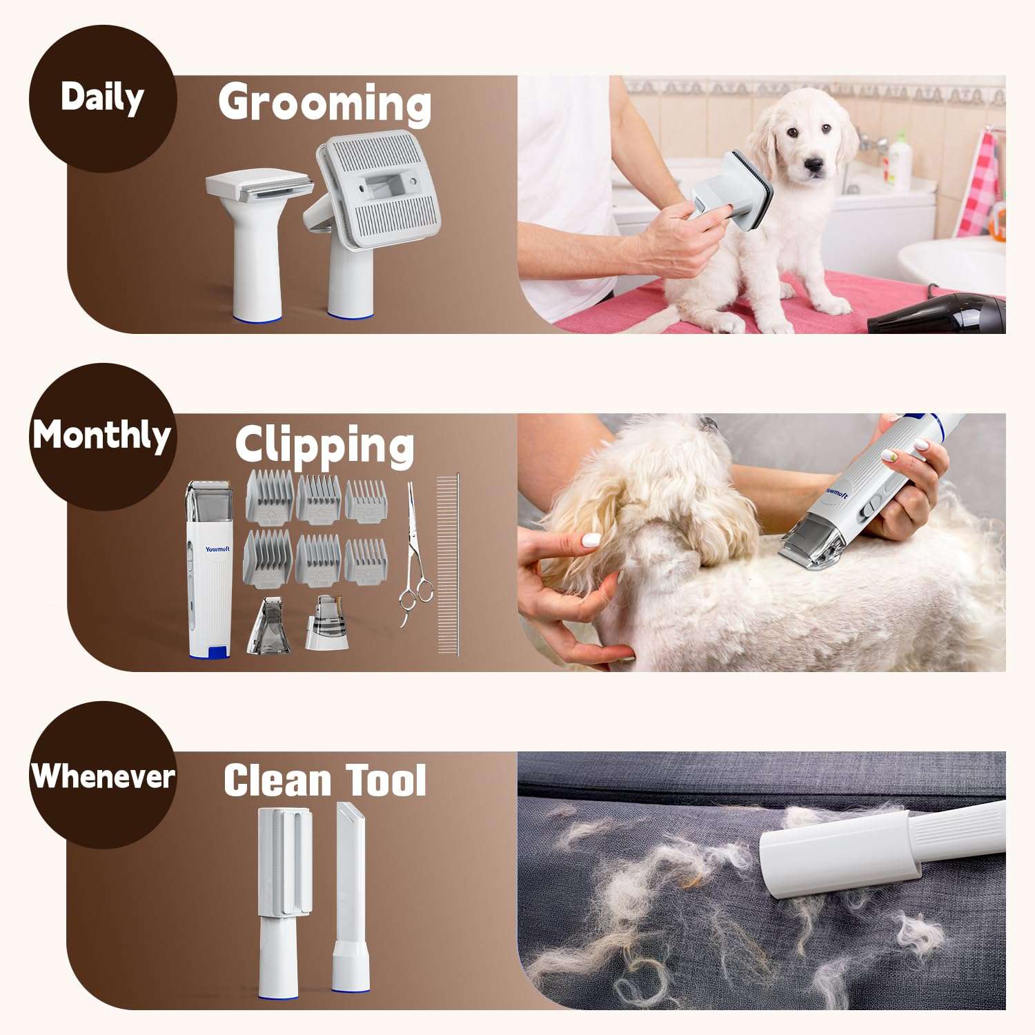 Kit de aseo profesional 15 en 1 para mascotas, con aspiradora de 11 Kpa y cepillos.