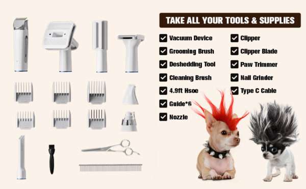 Kit de aseo profesional 15 en 1 para mascotas, con aspiradora de 11 Kpa y cepillos.