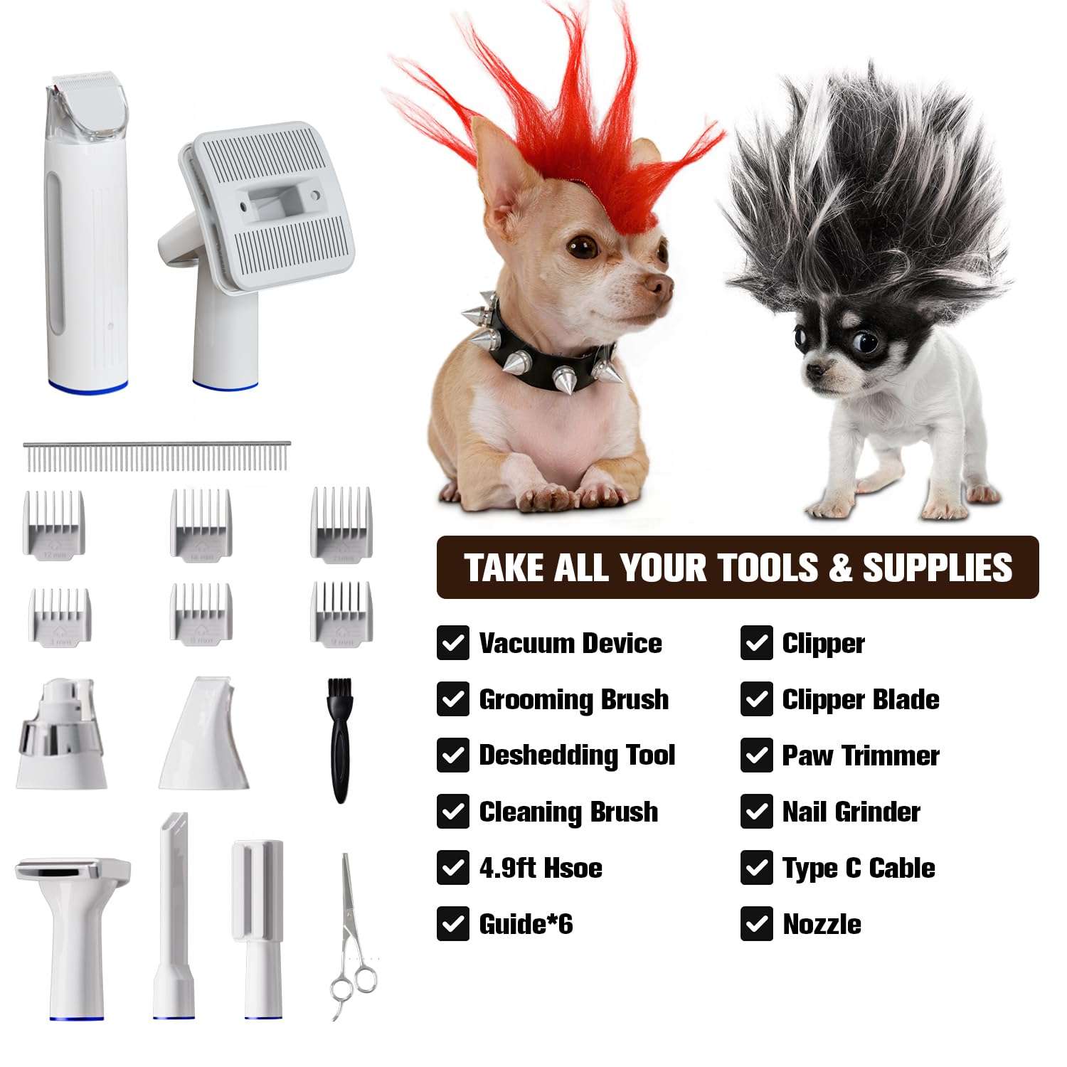 Kit de aseo profesional 15 en 1 para mascotas, con aspiradora de 11 Kpa y cepillos.