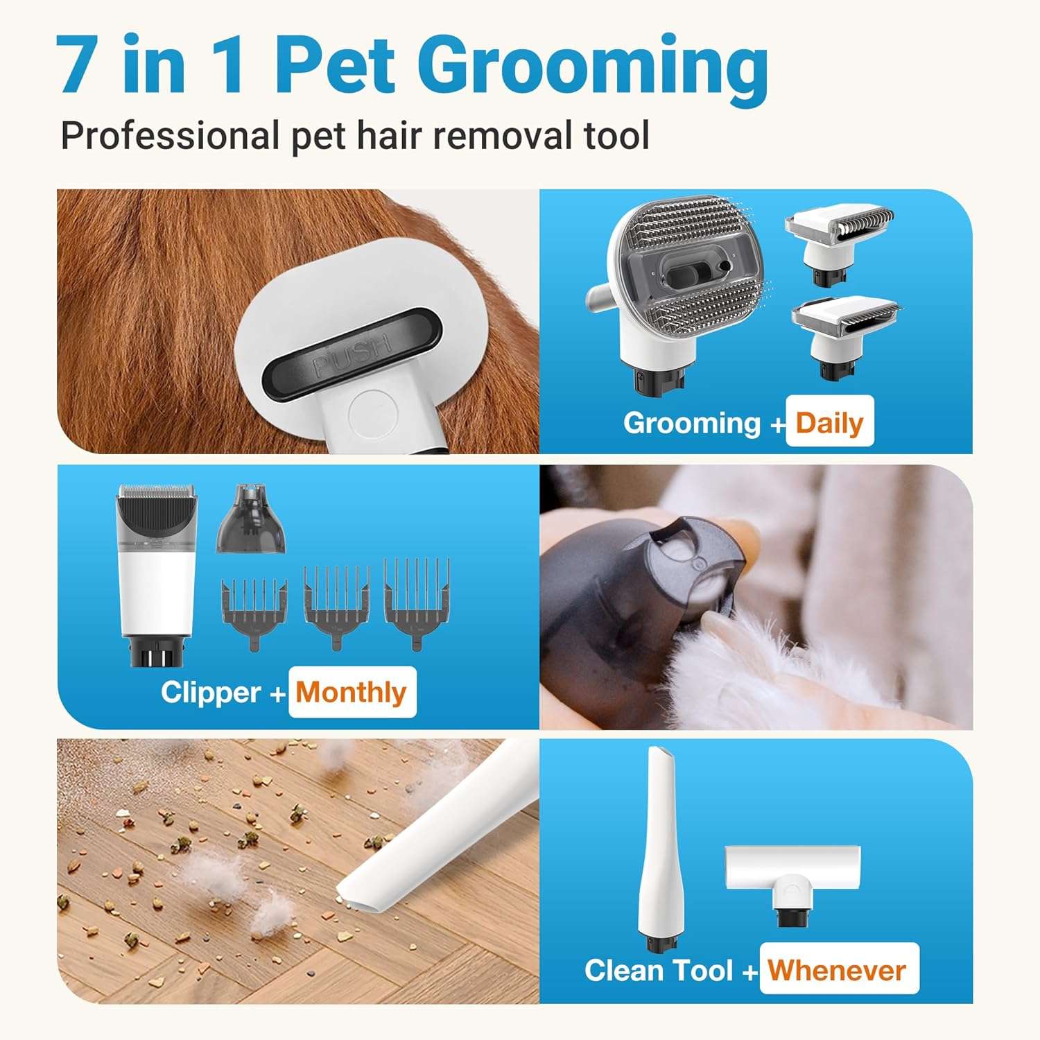 Aspiradora inalámbrica para mascotas, kit de aseo, con 7 herramientas.