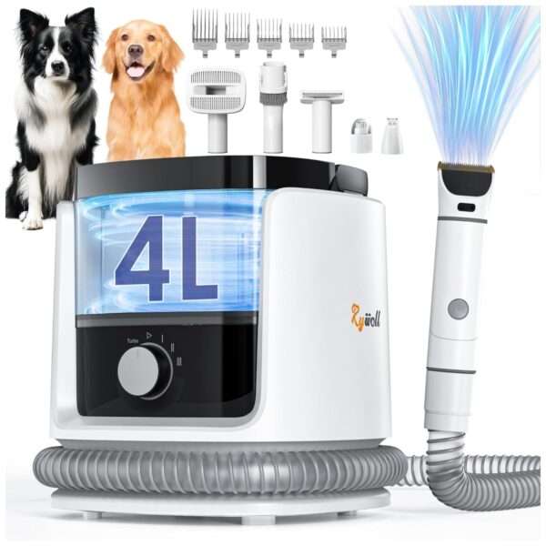 Kit de aseo 7 en 1 para mascotas con aspiradora, cepillos y recipiente de 4 litros.