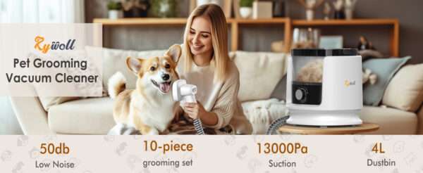 Kit de aseo 7 en 1 para mascotas con aspiradora, cepillos y recipiente de 4 litros.