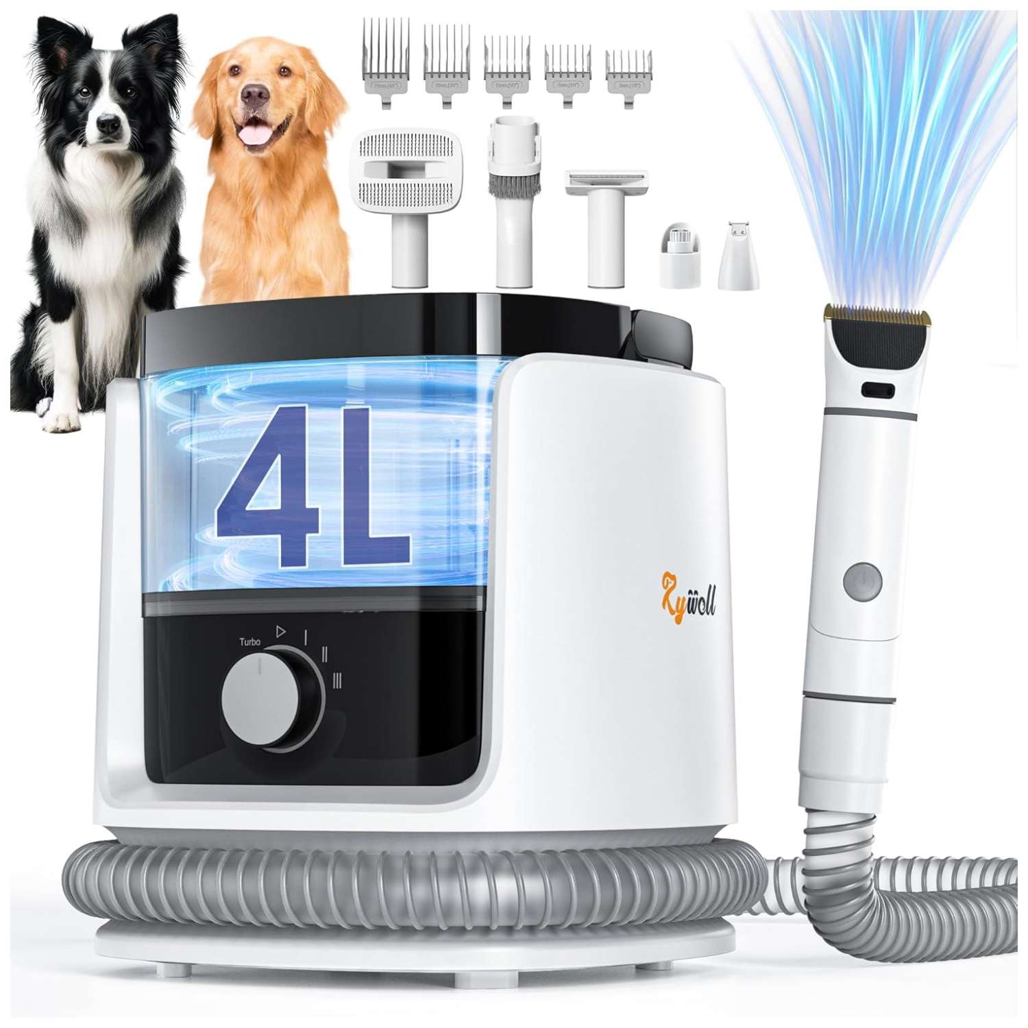 Kit de aseo 7 en 1 para mascotas con aspiradora, cepillos y recipiente de 4 litros.