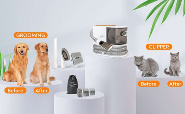 Kit profesional 5 en 1 para mascotas: Aspiradora de pelo con succión de 12,000 Pa para perros y gatos.