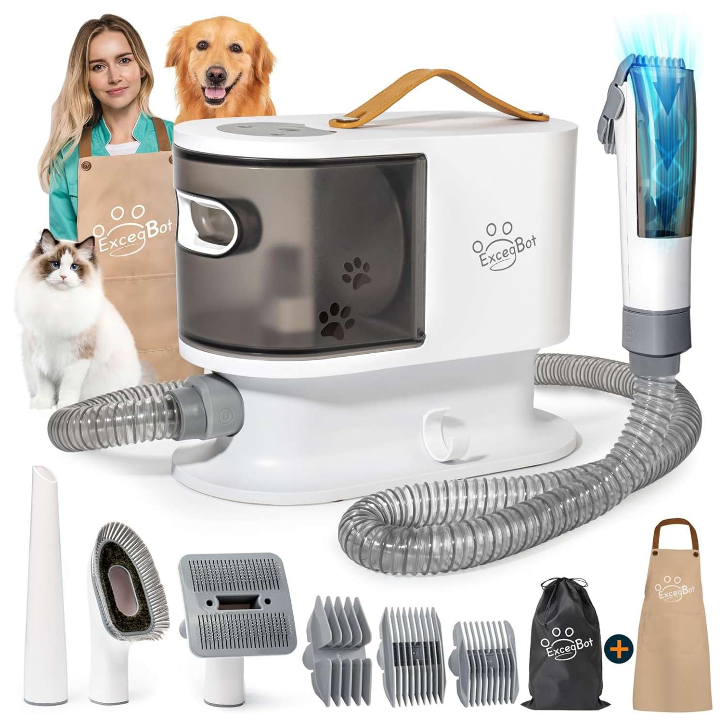 Kit profesional 5 en 1 para mascotas: Aspiradora de pelo con succión de 12,000 Pa para perros y gatos.