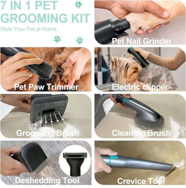 Kit de aseo 7 en 1 para mascotas: aspiradora, cortapelos y cepillos para perros y gatos.
