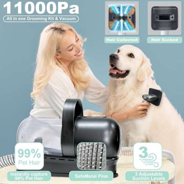 Kit de aseo 7 en 1 para mascotas: aspiradora, cortapelos y cepillos para perros y gatos.