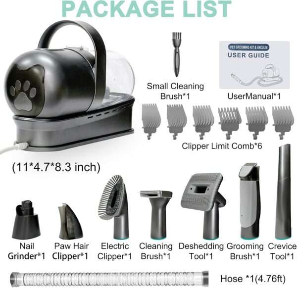 Kit de aseo 7 en 1 para mascotas: aspiradora, cortapelos y cepillos para perros y gatos.