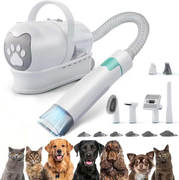 Kit de aseo 7 en 1 para mascotas: aspiradora, cortapelos y cepillos para perros y gatos.