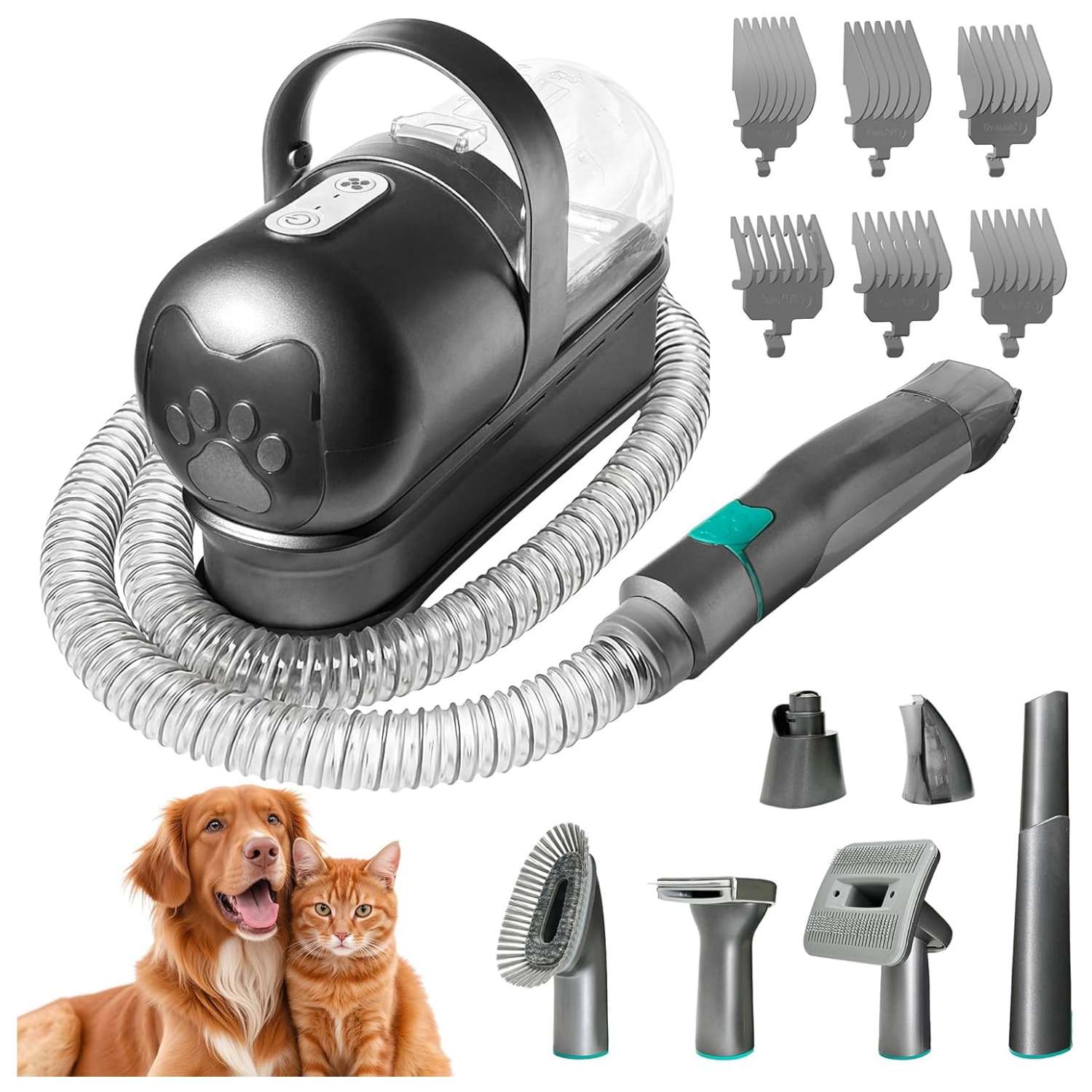 Kit de aseo 7 en 1 para mascotas: aspiradora, cortapelos y cepillos para perros y gatos.