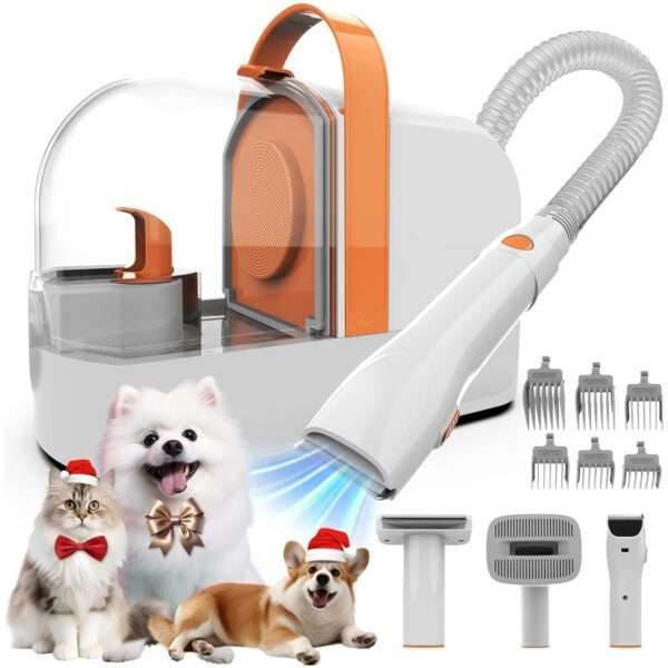 Kit profesional de aseo 5 en 1 para mascotas: Aspiradora de pelo con succión de 12,000 Pa para perros y gatos.