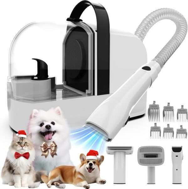 Kit profesional de aseo 5 en 1 para mascotas: Aspiradora de pelo con succión de 12,000 Pa para perros y gatos.