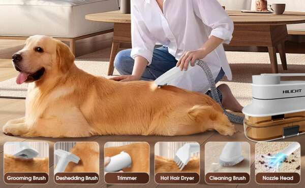 Kit profesional 6 en 1 para mascotas: Aspiradora de pelo silenciosa con 6 herramientas para perros y gatos.