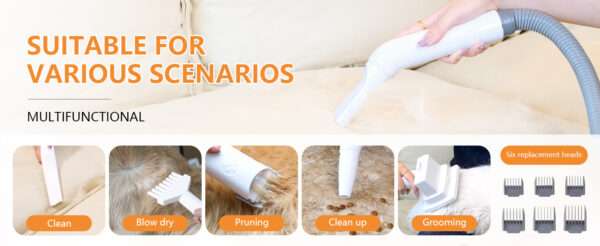 Kit de aseo 8 en 1 para mascotas con aspiradora, secador y recipiente de 2.2 L.