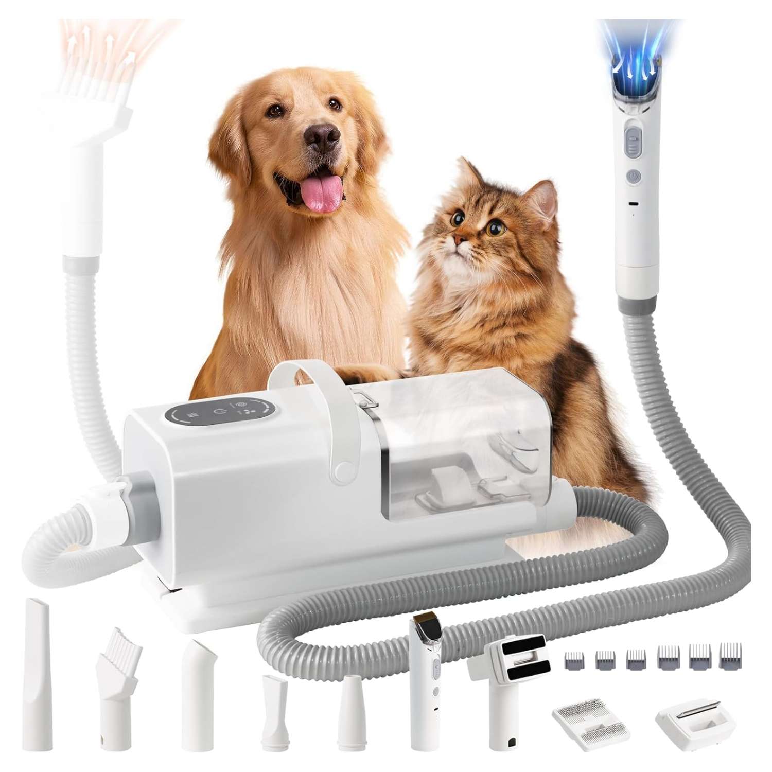 Kit de aseo 8 en 1 para mascotas con aspiradora, secador y recipiente de 2.2 L.