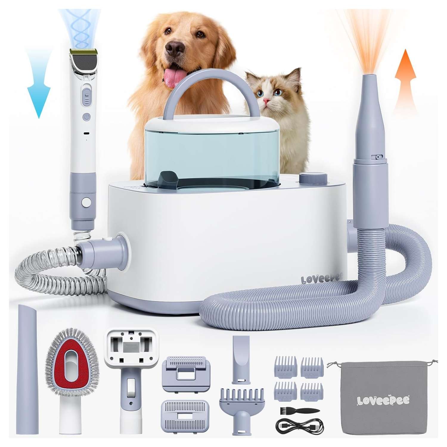 Kit de aseo 9 en 1 para mascotas con aspiradora, secador y cortadora de pelo.