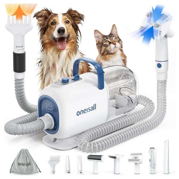 Kit de aseo 8 en 1 para mascotas con aspiradora, secador y cortadora de pelo.