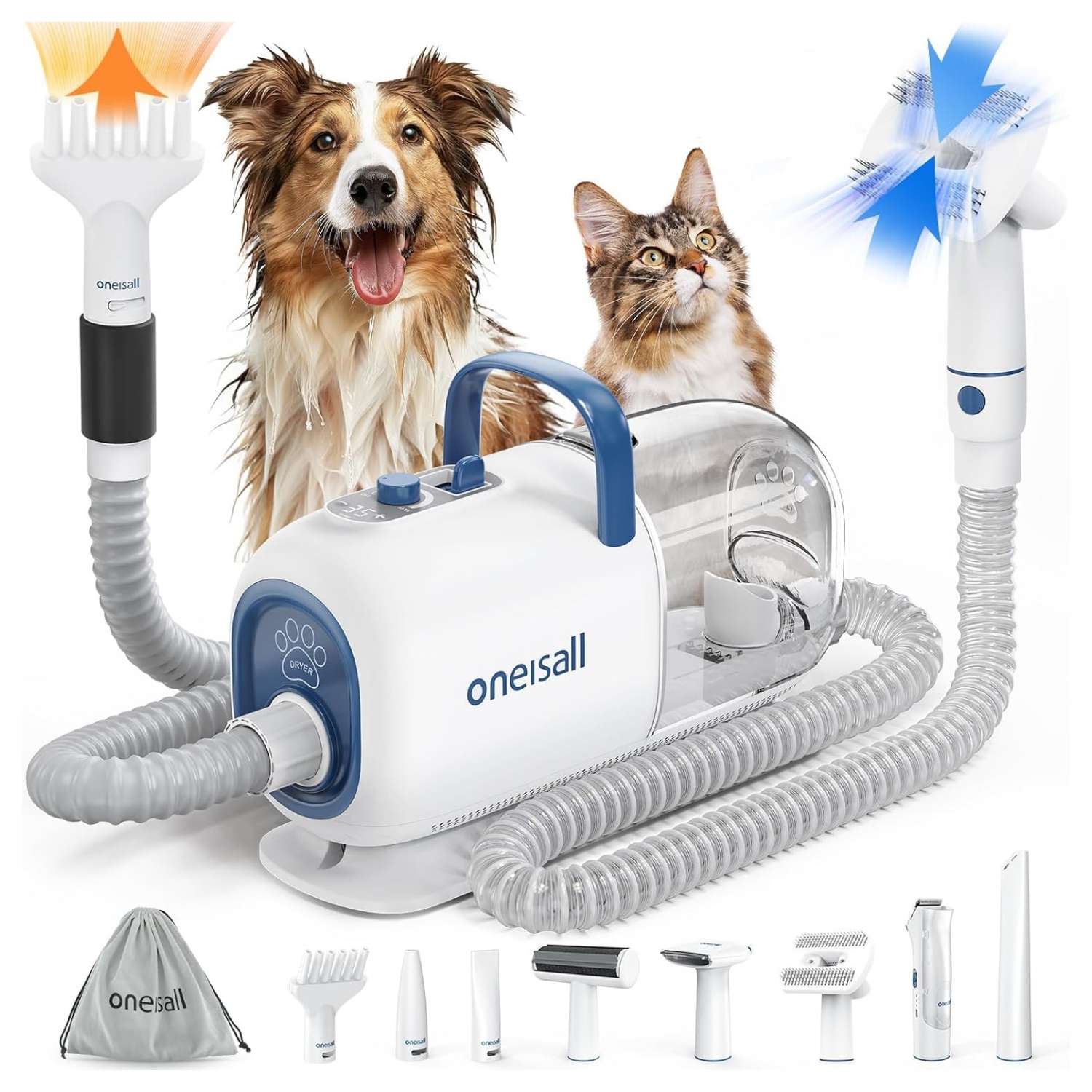 Kit de aseo 8 en 1 para mascotas con aspiradora, secador y cortadora de pelo.