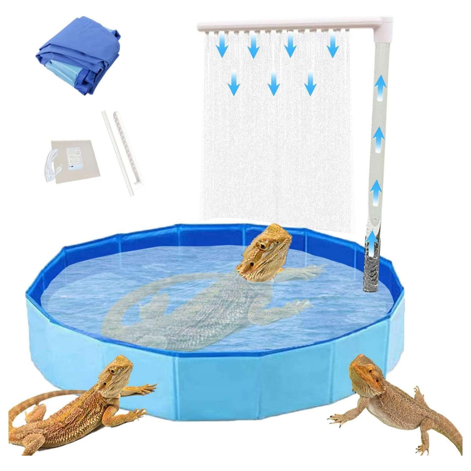 Bañera plegable con ducha automatica y filtro de agua para dragones barbudos y reptiles pequeños.