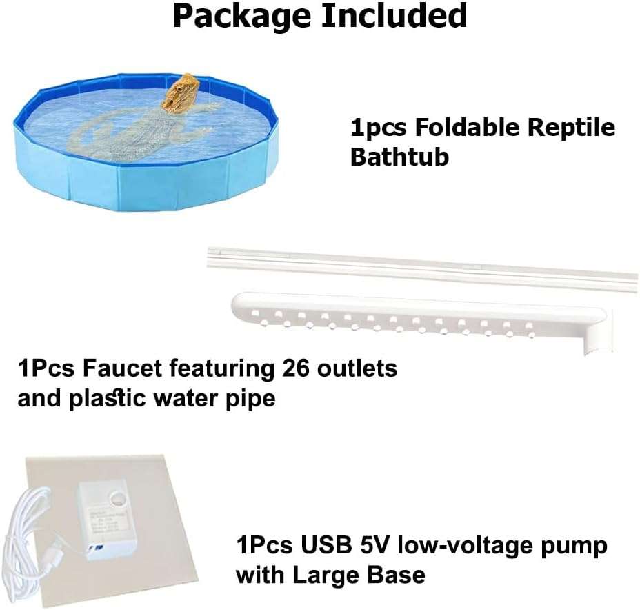 Bañera plegable con ducha automatica y filtro de agua para dragones barbudos y reptiles pequeños.