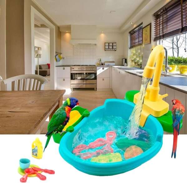 Bañera automática para pájaros. Incluye grifo de juguete para loros.