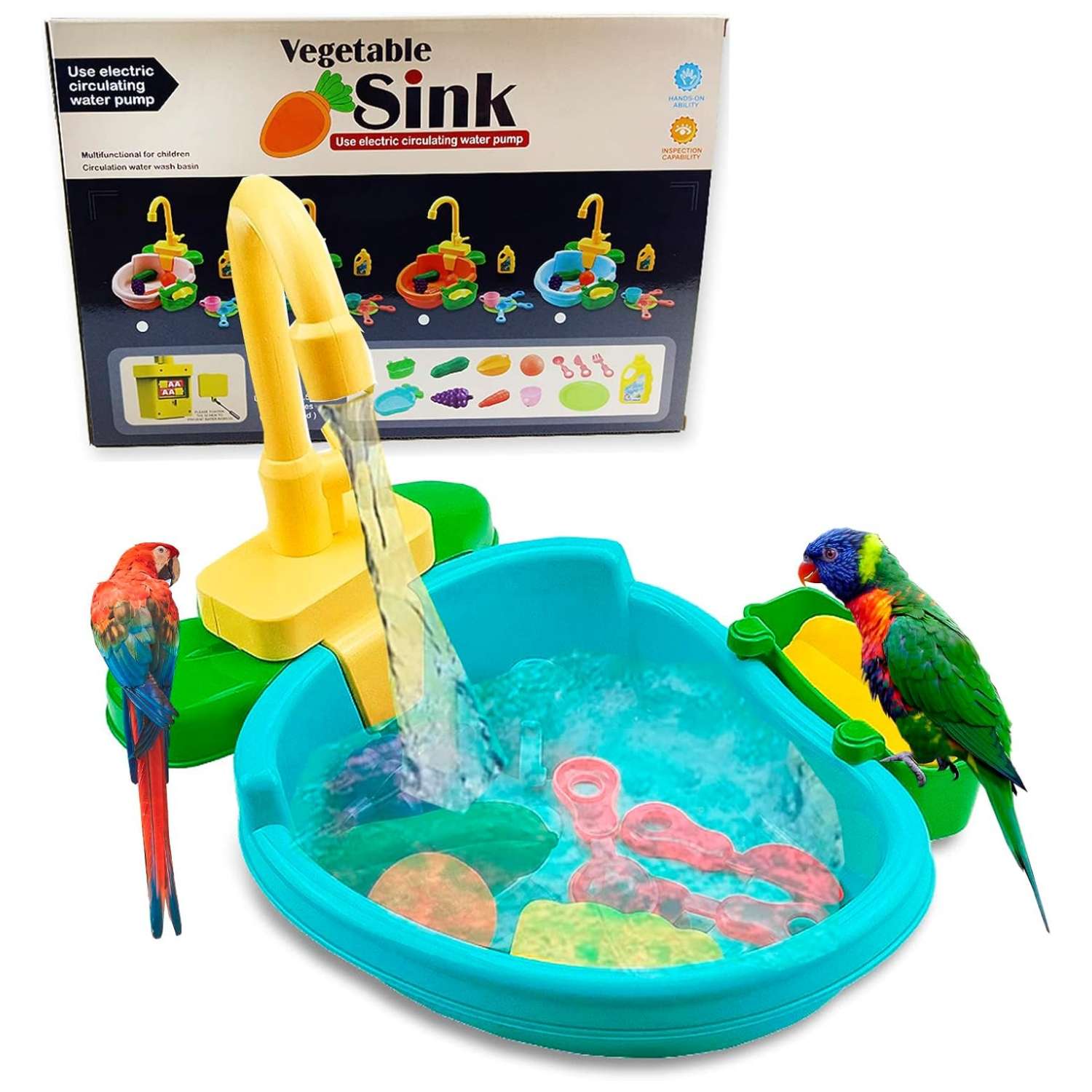 Bañera automática para pájaros. Incluye grifo de juguete para loros.