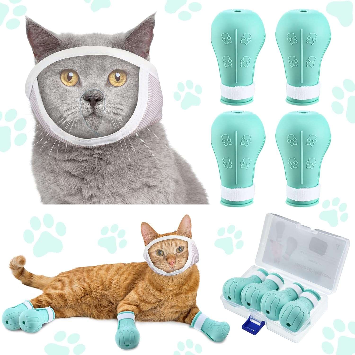 Bozal para gato y botas de silicona en uso, kit antiarañazos y mordeduras para aseo.
