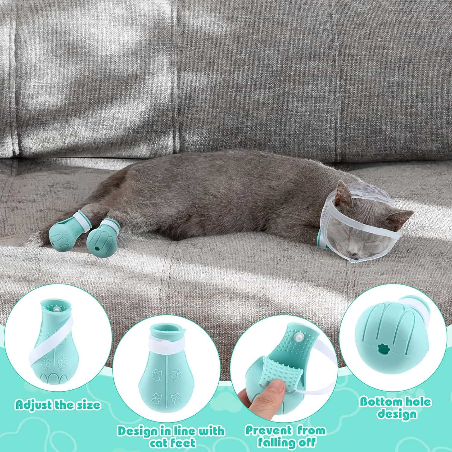Bozal para gato y botas de silicona en uso, kit antiarañazos y mordeduras para aseo.