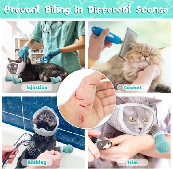 Bozal para gato y botas de silicona en uso, kit antiarañazos y mordeduras para aseo.