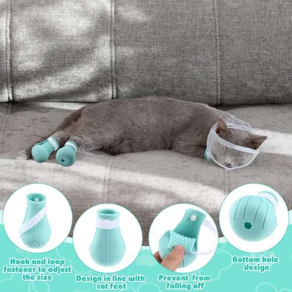 Bozal para gato y botas de silicona en uso, kit antiarañazos y mordeduras para aseo.