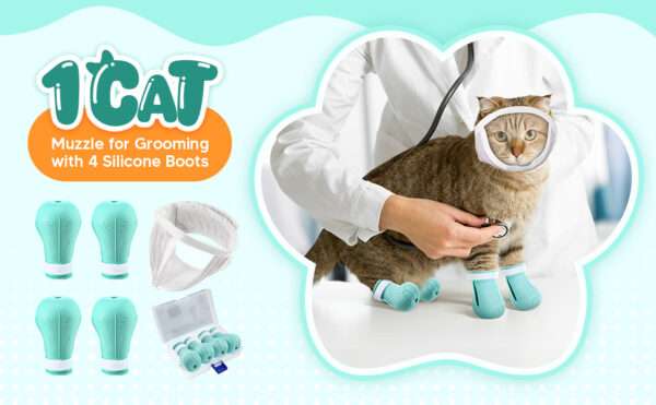 Bozal para gato y botas de silicona en uso, kit antiarañazos y mordeduras para aseo.