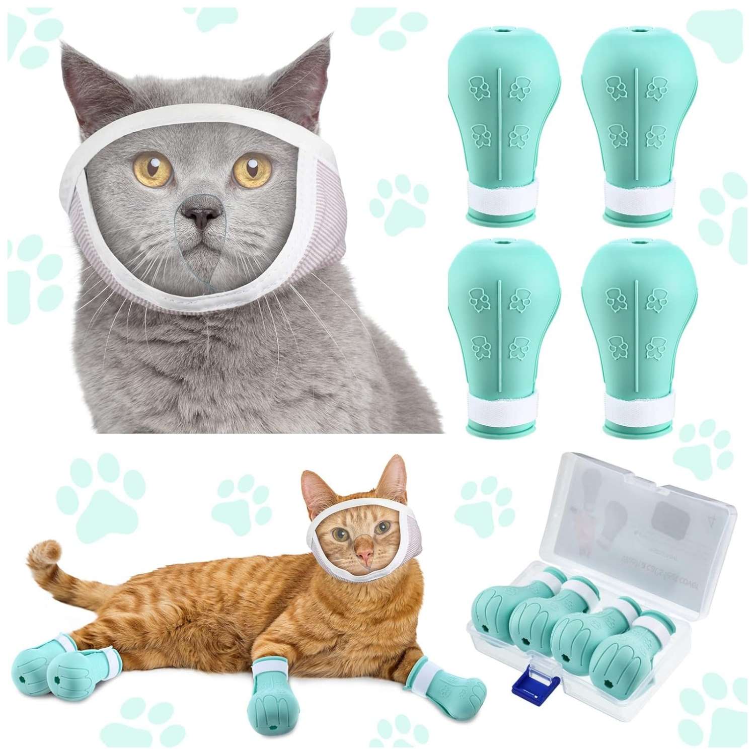 Bozal para gato y botas de silicona en uso, kit antiarañazos y mordeduras para aseo.