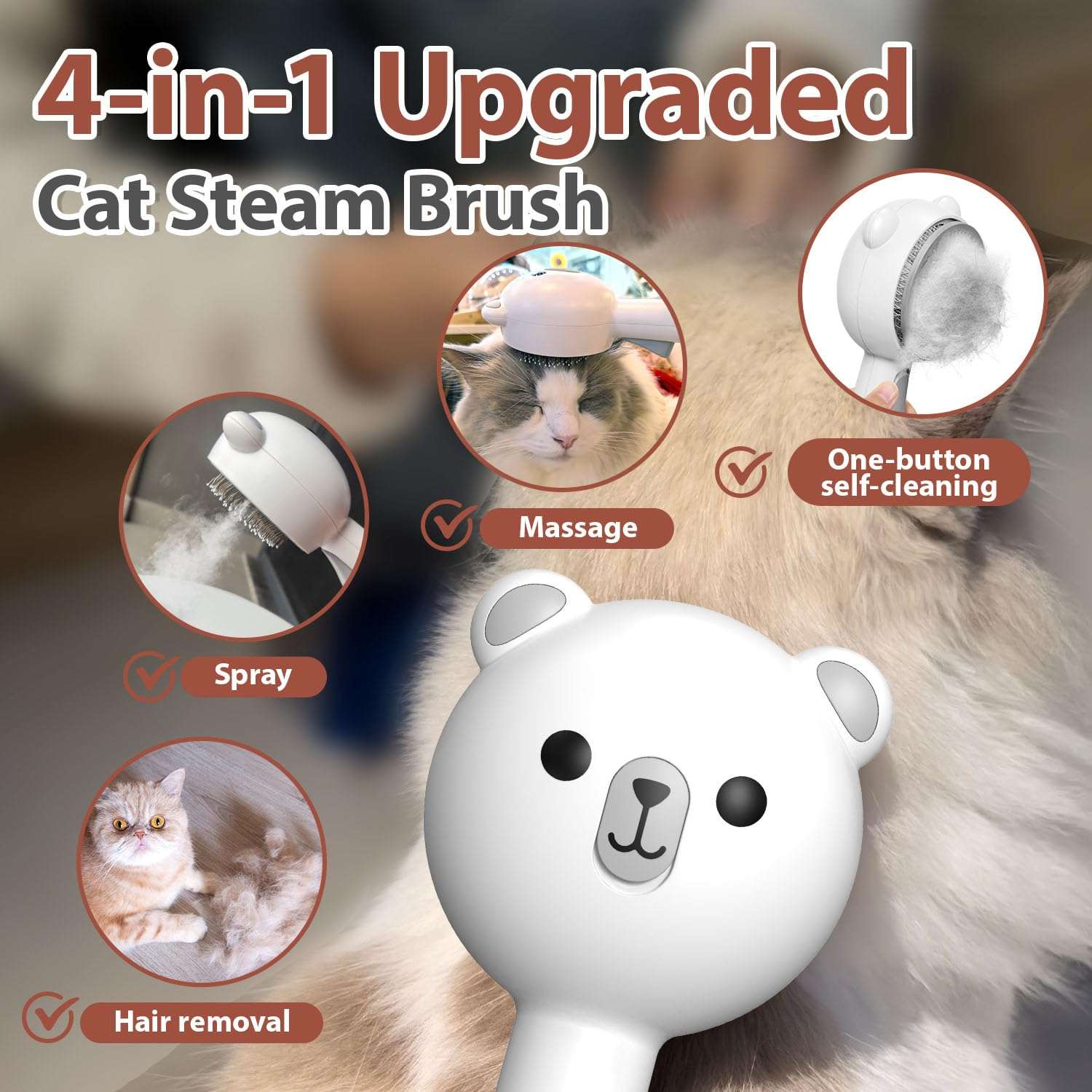 Cepillo de vapor para gatos, 4 en 1, para eliminación de pelo.