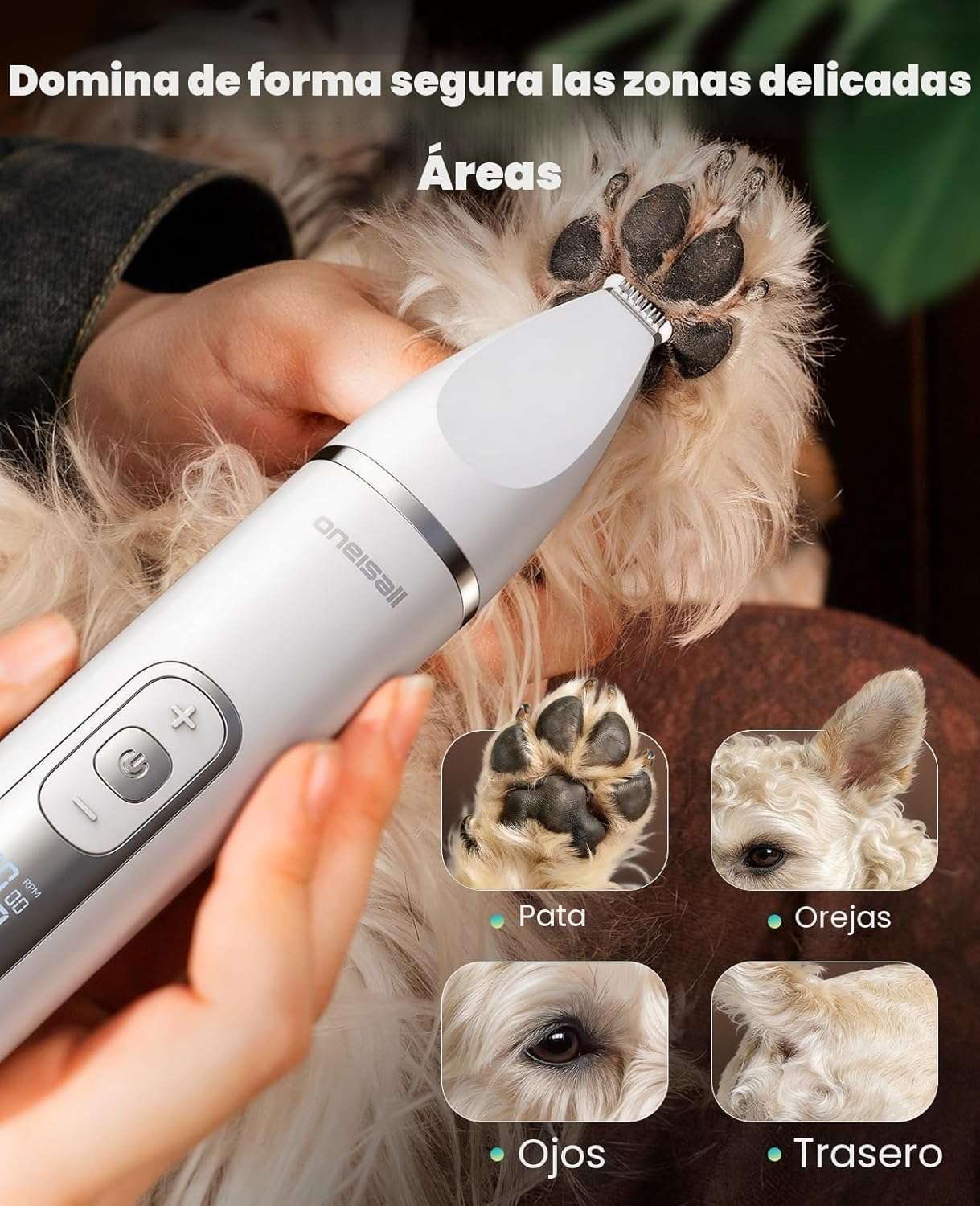 Maquina cortadora de pelo y uñas para perros cuatro en uno inalambrica y resistente al agua.