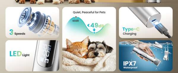 Kit de aseo 4 en 1 para mascotas, silencioso, inalámbrico y recargable.