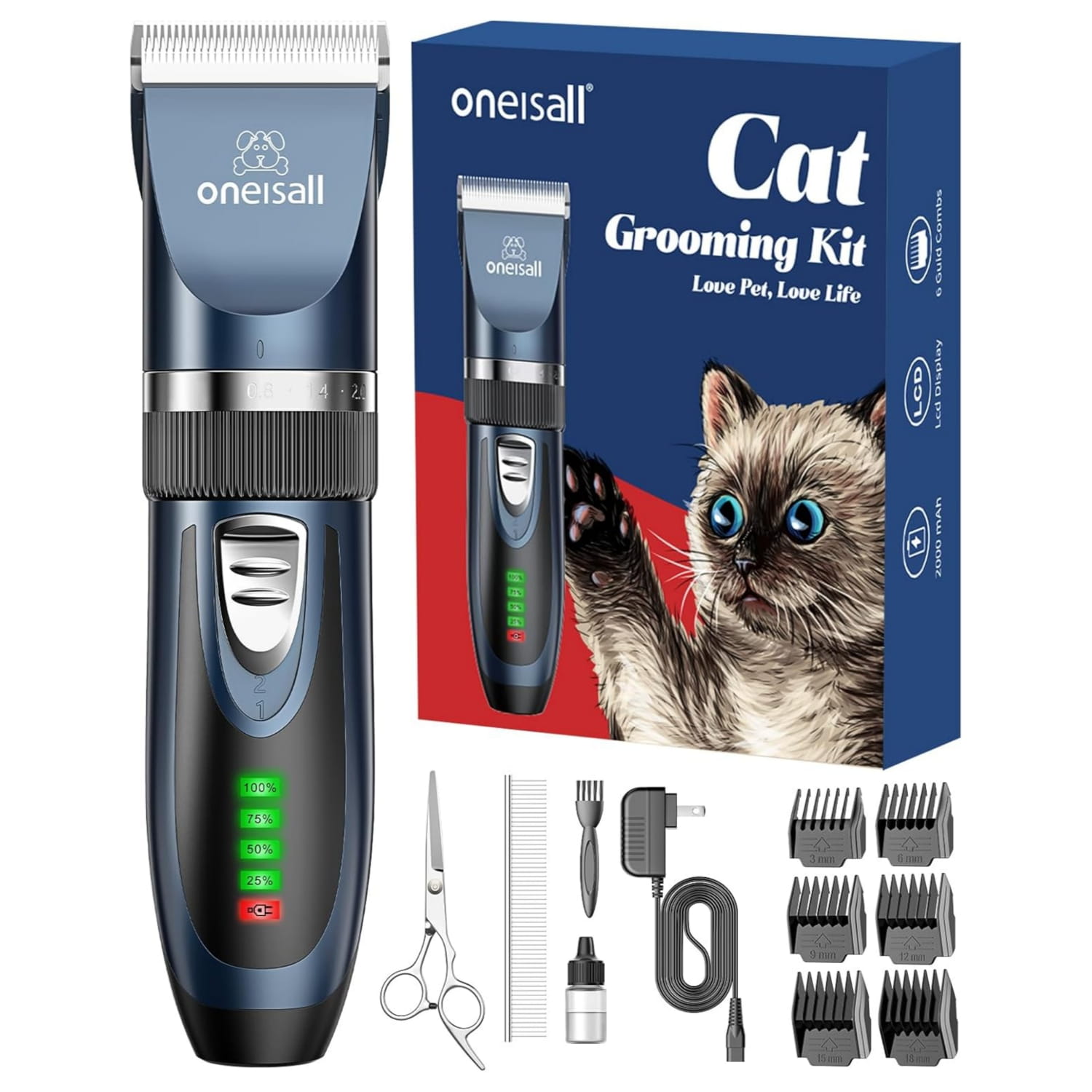 Maquina inalambrica de cortar pelo para perros y gatos con pantalla LCD y kit de accesorios.