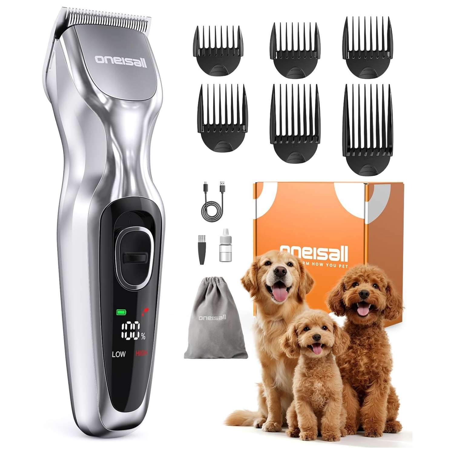 Cortapelos para perros, silencioso, recargable y con peines ajustables.