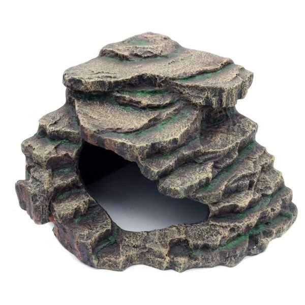 Cueva escondite extra grande (25x25x20 cm) con diseño de roca natural, ideal para crear un microclima húmedo para reptiles.