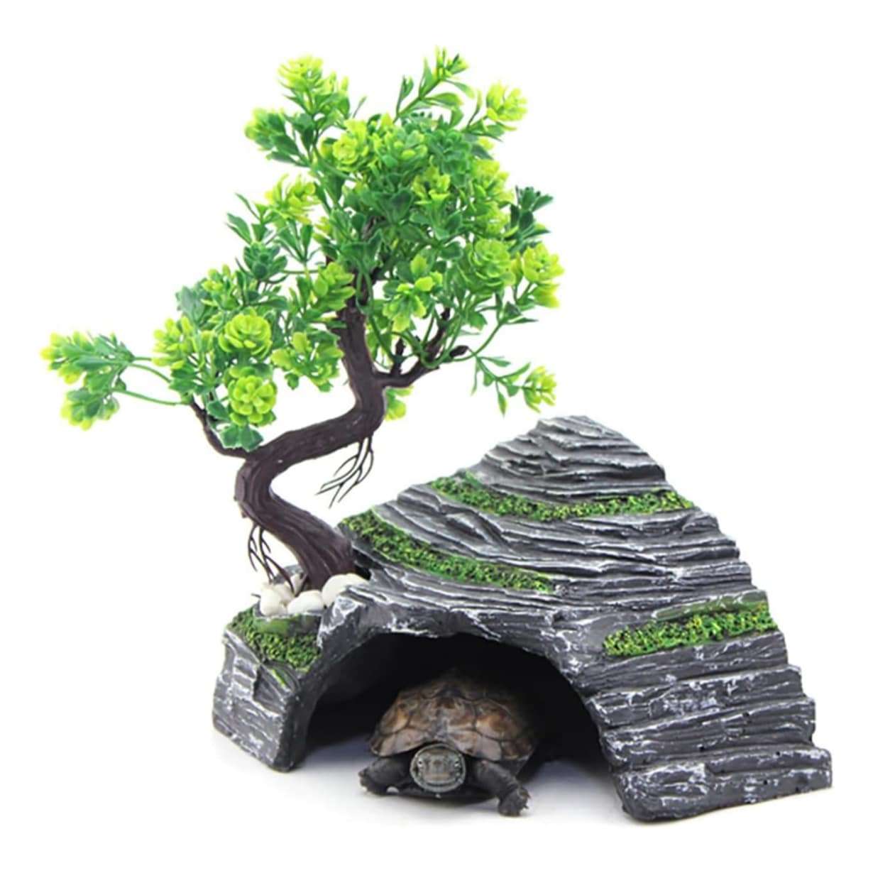 Escondite de resina para terrario, con diseño de roca y árbol en ángulo recto para maximizar el espacio en la esquina.