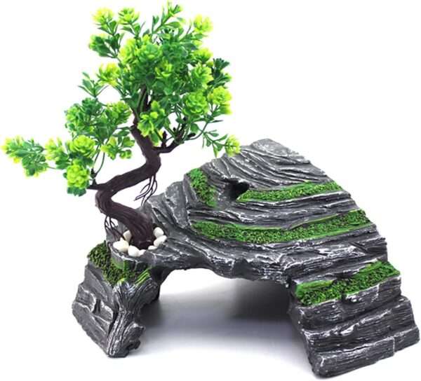Escondite de resina para terrario, con diseño de roca y árbol en ángulo recto para maximizar el espacio en la esquina.