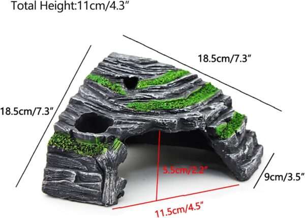 Escondite de resina para terrario, con diseño de roca y árbol en ángulo recto para maximizar el espacio en la esquina.