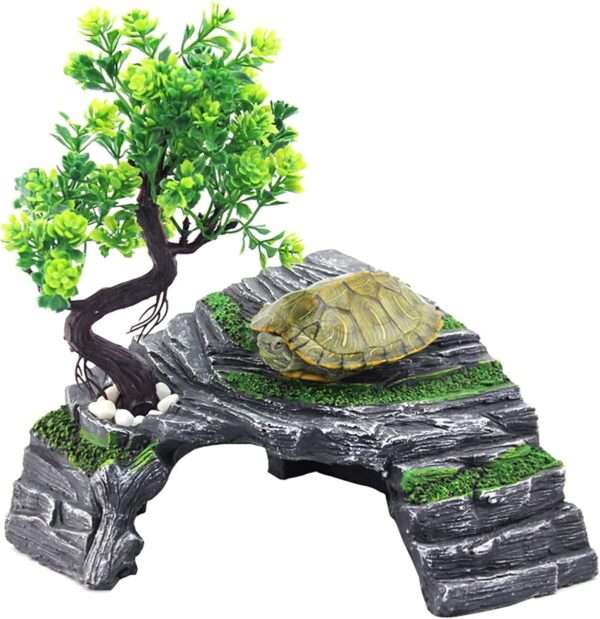 Escondite de resina para terrario, con diseño de roca y árbol en ángulo recto para maximizar el espacio en la esquina.