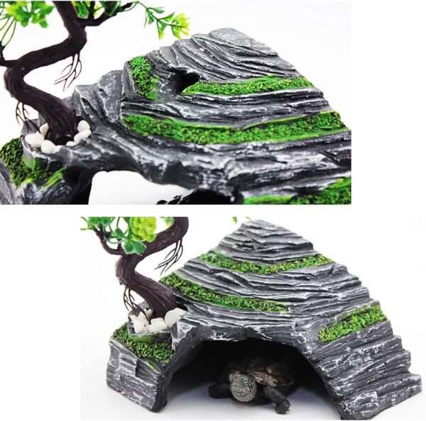 Escondite de resina para terrario, con diseño de roca y árbol en ángulo recto para maximizar el espacio en la esquina.