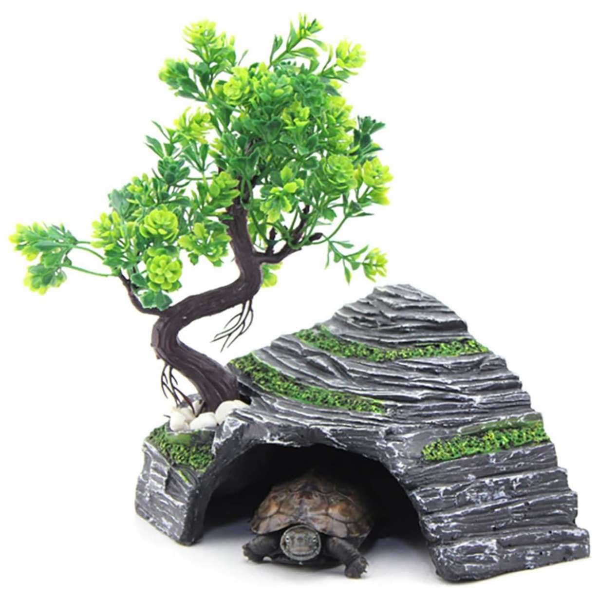 Escondite de resina para terrario, con diseño de roca y árbol en ángulo recto para maximizar el espacio en la esquina.