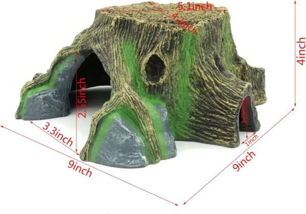 Cueva de resina con aspecto de roca natural para reptiles, con plataforma para tomar el sol y microclima para la muda.