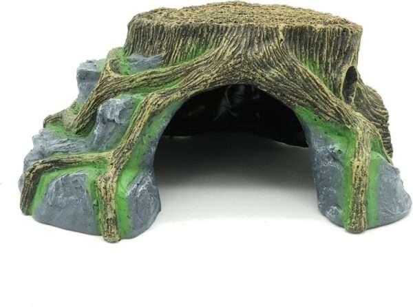 Cueva de resina con aspecto de roca natural para reptiles, con plataforma para tomar el sol y microclima para la muda.