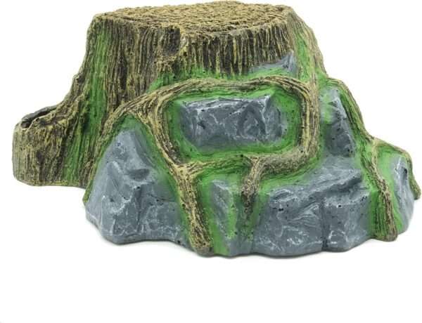 Cueva de resina con aspecto de roca natural para reptiles, con plataforma para tomar el sol y microclima para la muda.