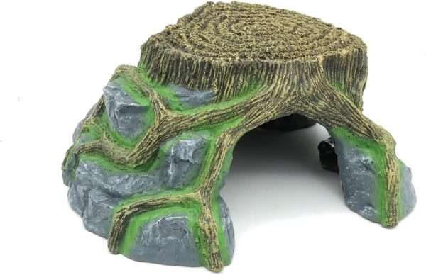 Cueva de resina con aspecto de roca natural para reptiles, con plataforma para tomar el sol y microclima para la muda.